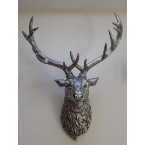 STAGS HEAD ANIMAL HEAD WALL HANGING SILVER STAG HEAD MADE FROM RESIN (2925)
